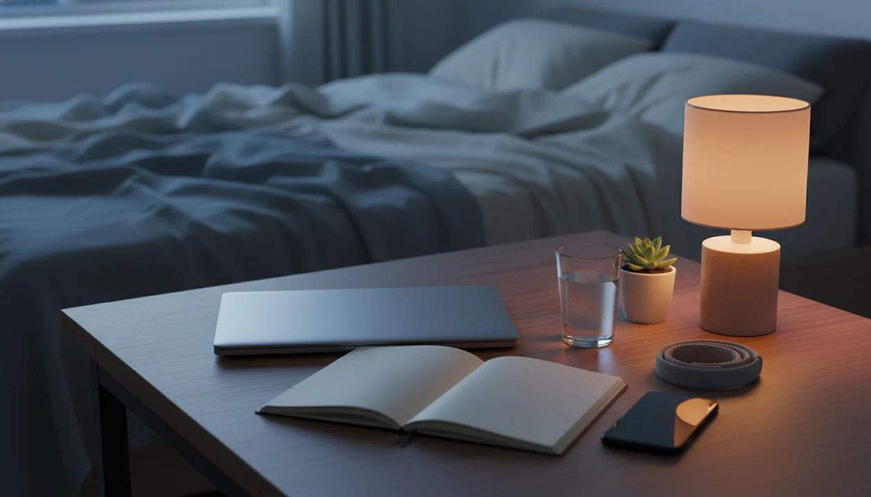 A calm desk scene with a closed laptop, headphones, water, and warm light suggesting burnout recovery.