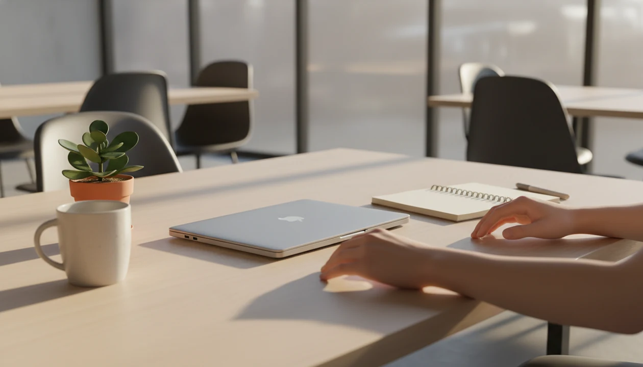 A calm office desk scene shows hands resting near a closed laptop during a mindful work pause.