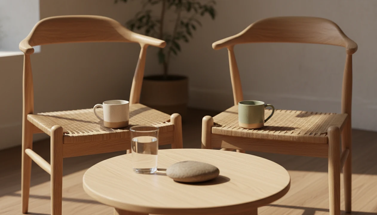 Two empty chairs face a small table with mugs, water, and a stone, suggesting a mindful pause before talking.