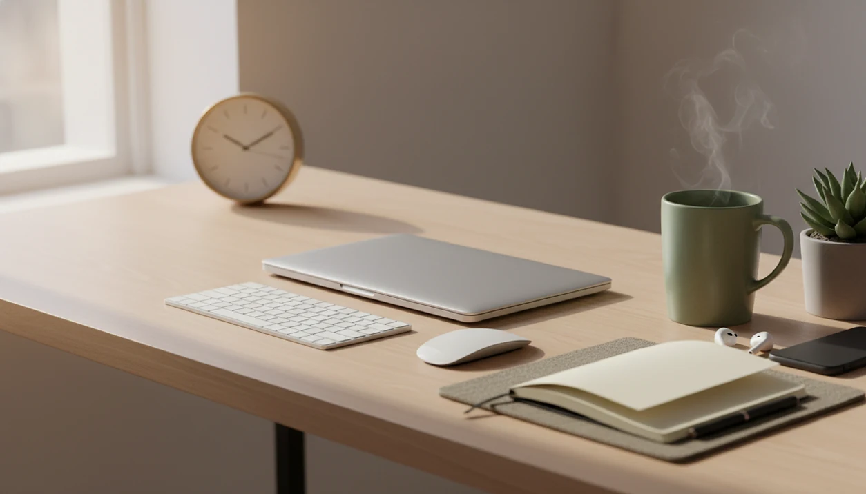 A calm work desk with a closed laptop, mug, plant, earbuds, and soft morning light for a mindful pause.
