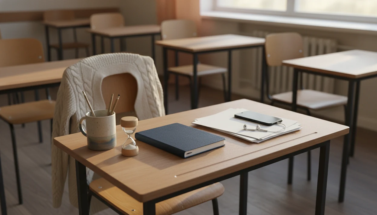 A quiet classroom desk with papers, earbuds, and a mug after the school day ends.