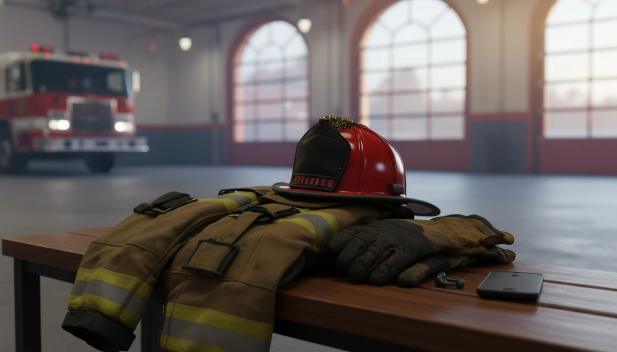 Firefighter gear rests on a firehouse bench beside earbuds and a phone during a quiet dawn moment.