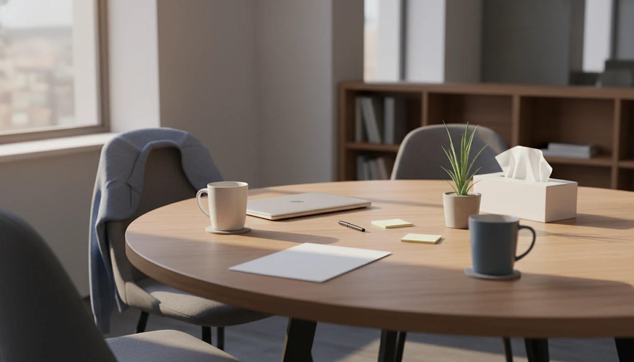 A calm workplace table with mugs, papers, a plant, and tissues suggesting practical support at work.