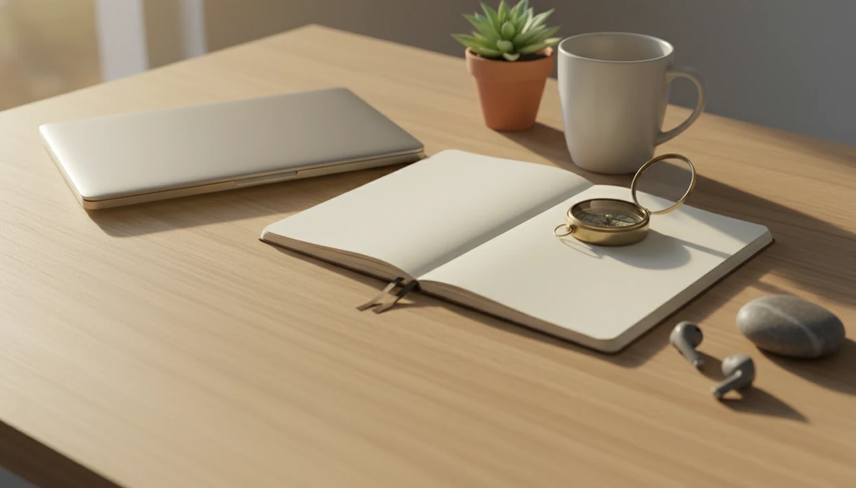 A calm desk with a blank notebook, compass, laptop, earbuds, plant, and warm morning light.