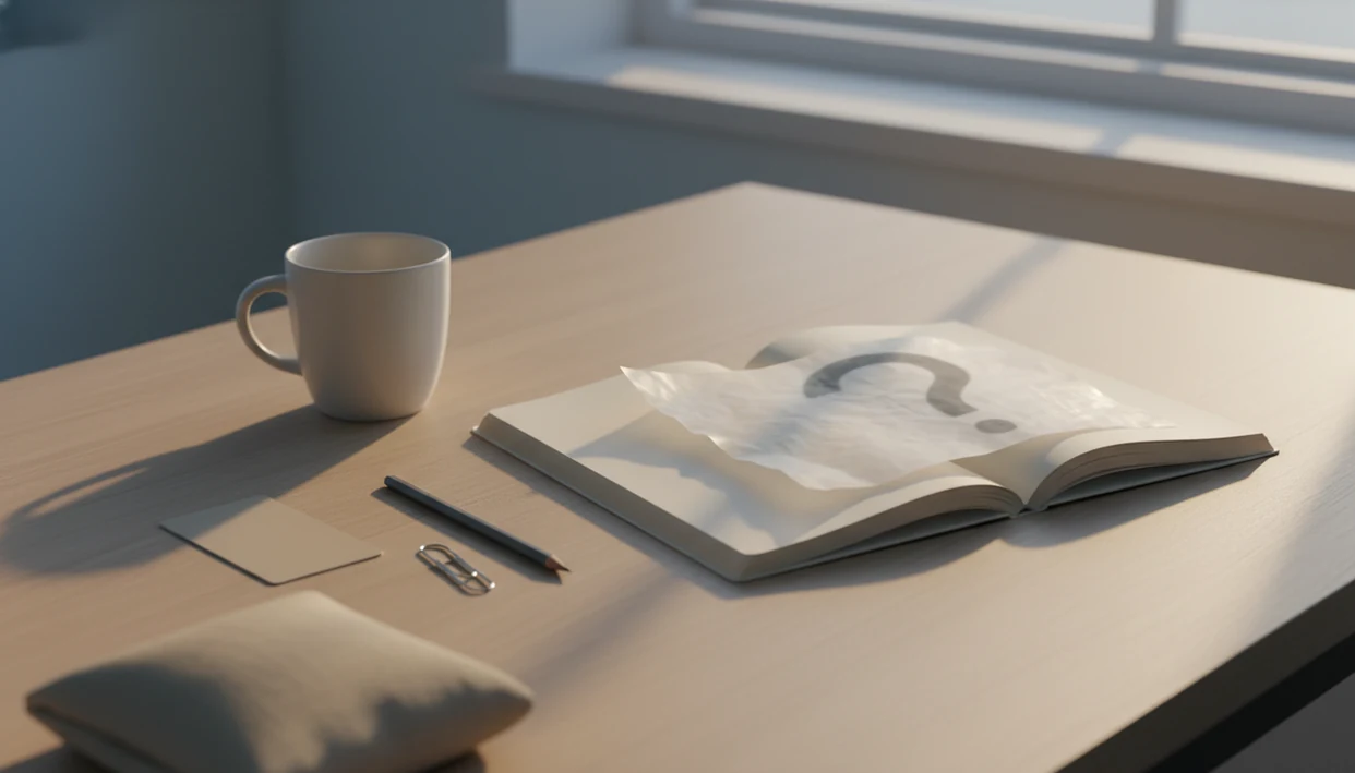 A quiet desk still life suggests self-doubt being softened by evidence and calm daily practice.