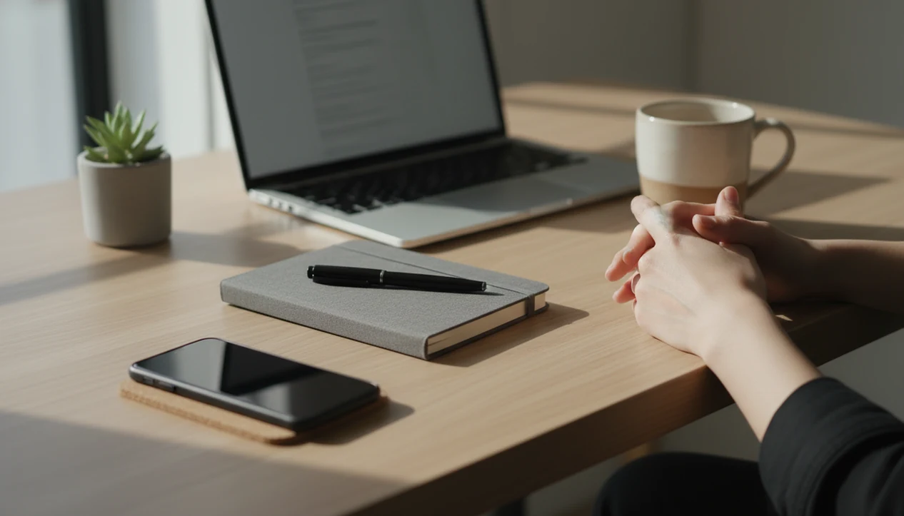 A quiet work desk with a face-down phone, notebook, plant, mug, and cropped hands resting calmly.