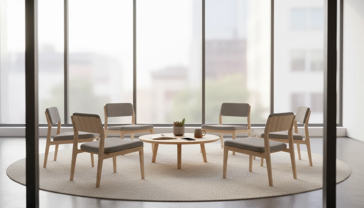 An empty office room with chairs in a circle set up for a calm workplace mindfulness session.
