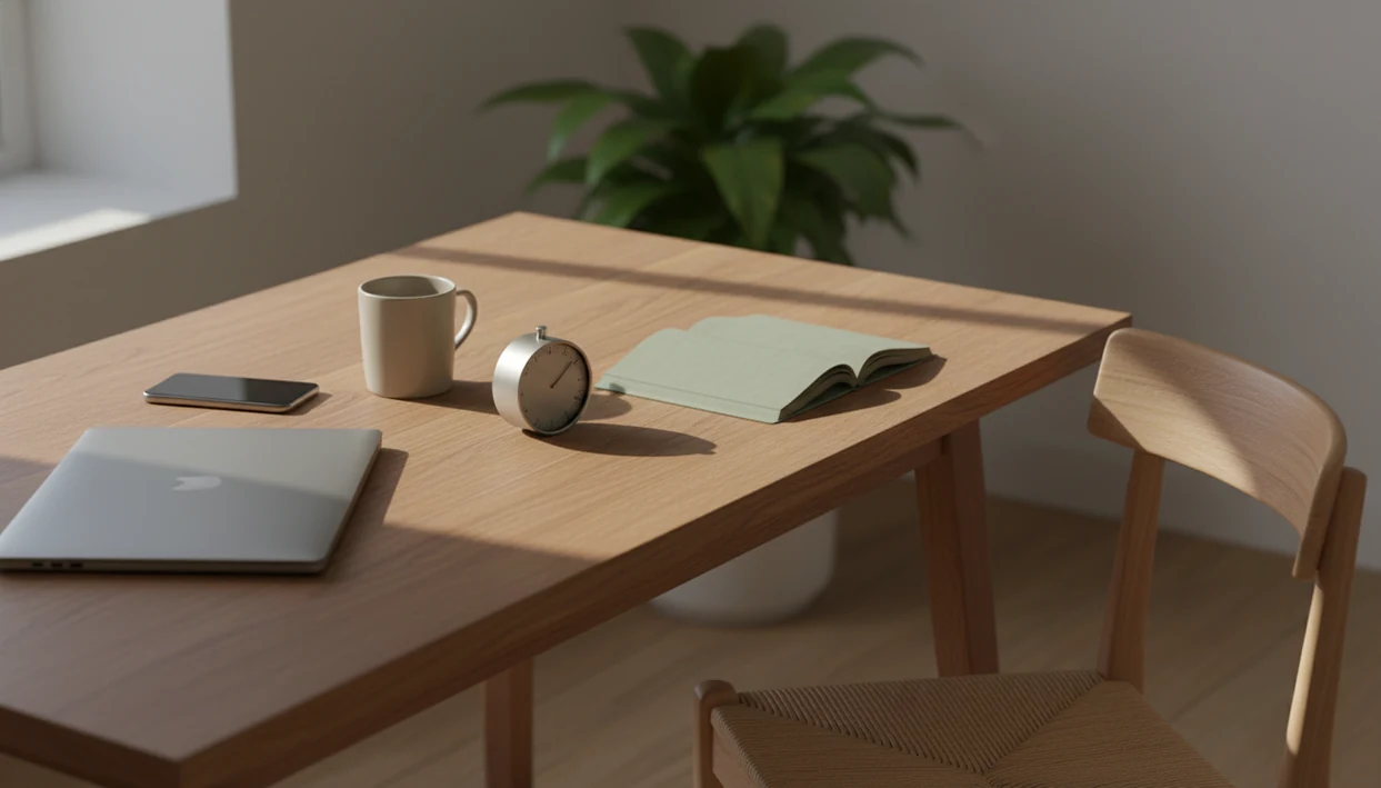 A quiet desk with a closed laptop and face-down phone suggests a deliberate screen-free productivity pause.