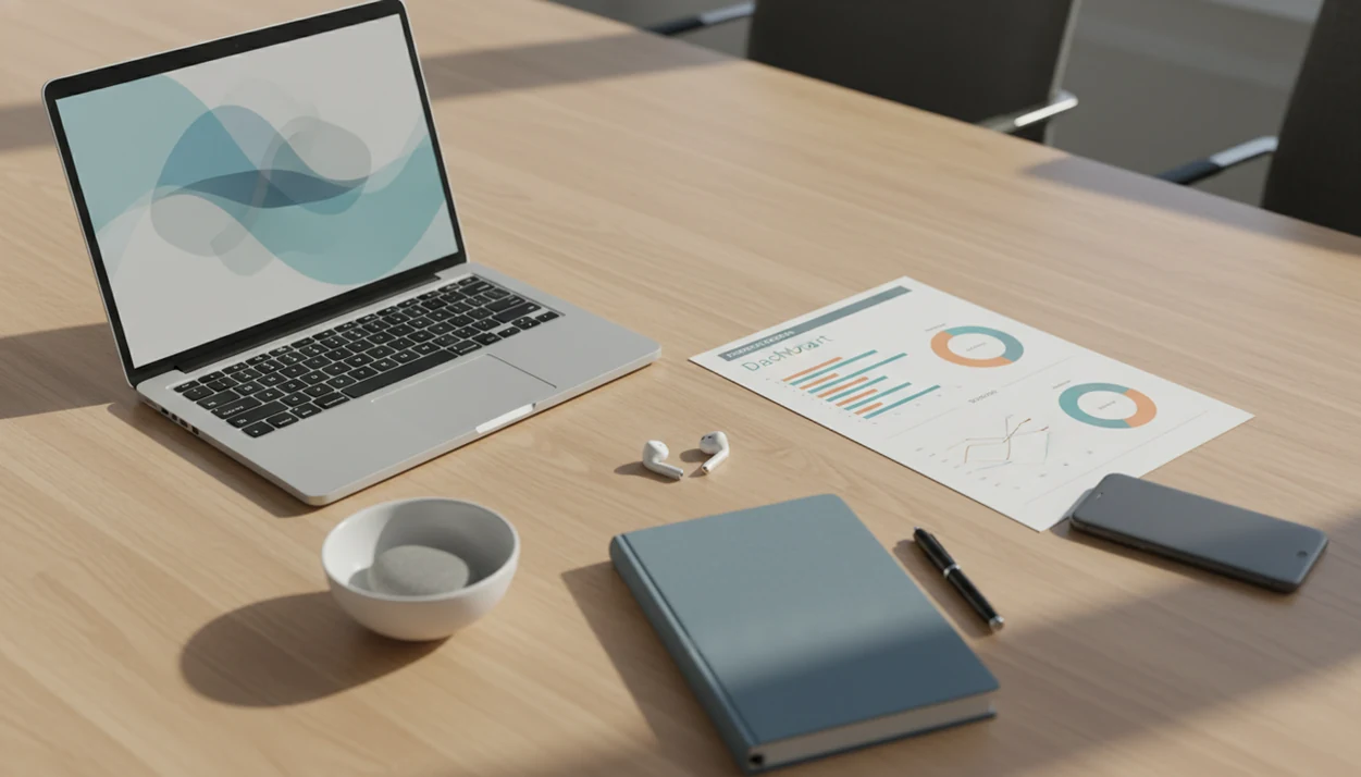 A calm workspace shows abstract business charts beside mindfulness objects and earbuds on a conference table.