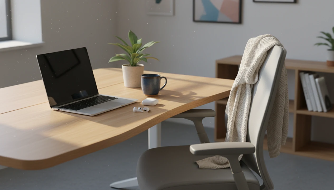 A quiet office desk with earbuds, a closed laptop, and soft morning light for a brief meditation break.