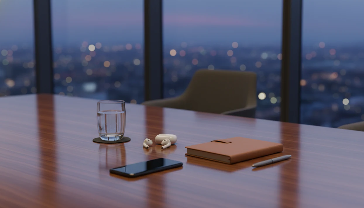 A quiet executive desk with earbuds and a phone set aside for a brief meditation break.