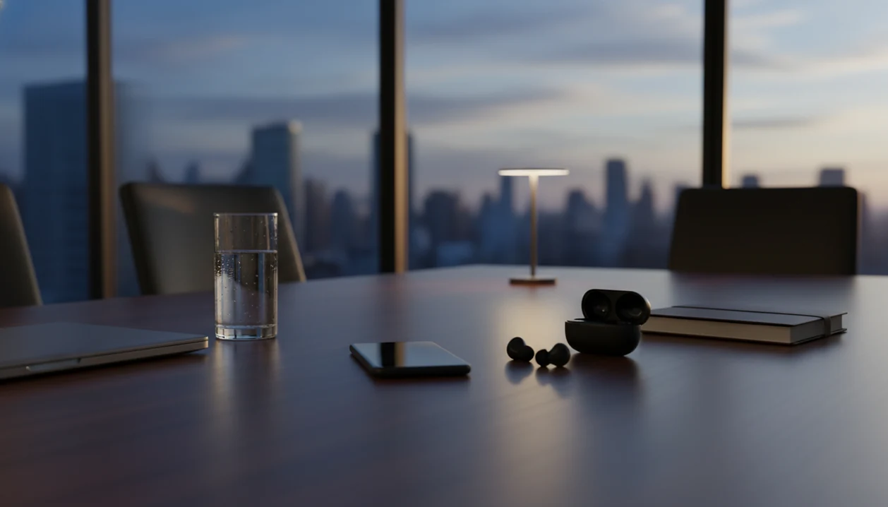 A quiet executive boardroom shows a phone and earbuds ready for a private meditation reset.