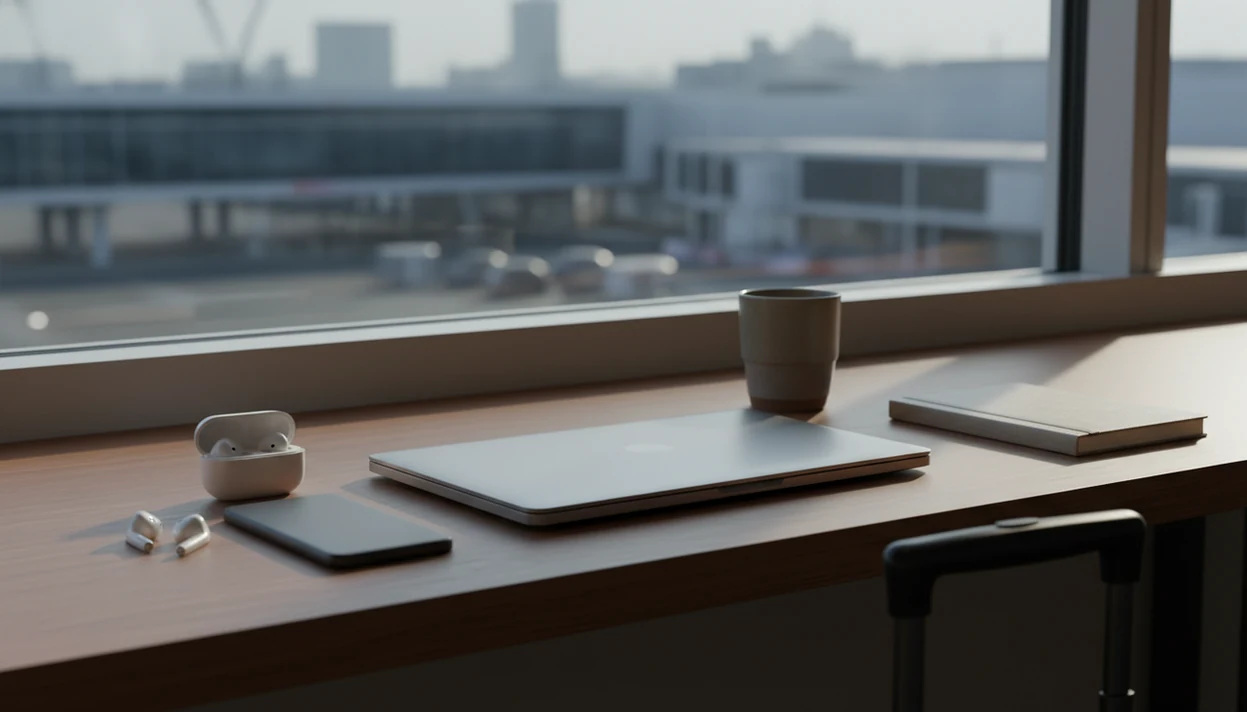 A calm travel workspace with a closed laptop, earbuds, phone, notebook, and carry-on by a window.