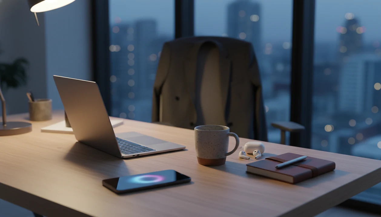 A quiet founder’s desk with a phone, laptop, notebook, and earbuds set for a brief meditation break.