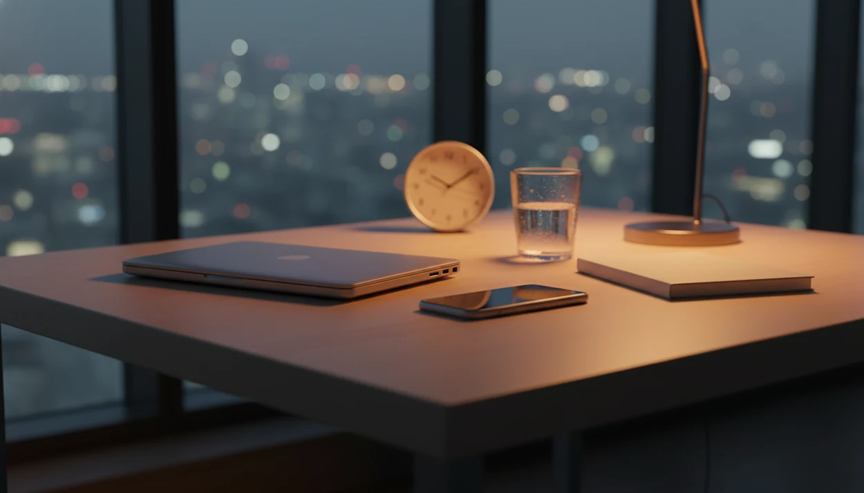 A quiet nighttime startup desk with a closed laptop, phone, water glass, and soft city lights beyond.