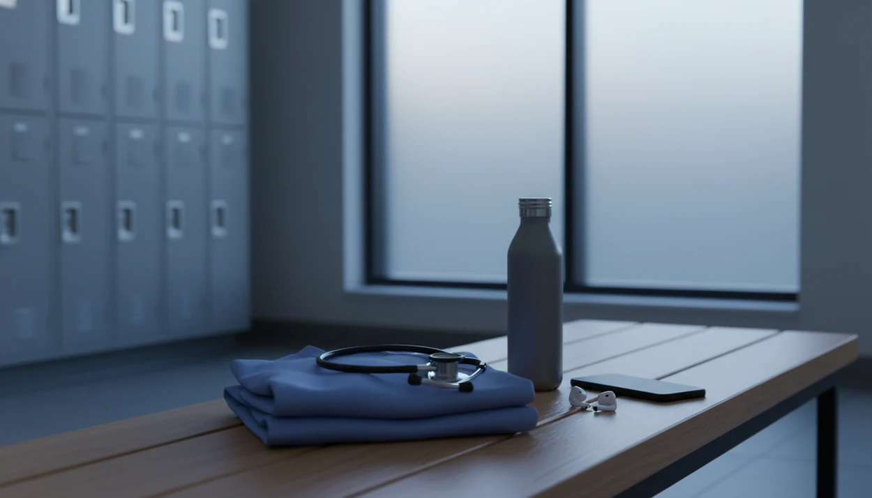 A quiet hospital break room shows scrubs, earbuds, and a face-down phone after a shift.
