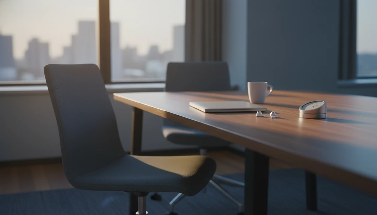 An empty office chair beside a closed laptop suggests a calm pause between demanding work moments.