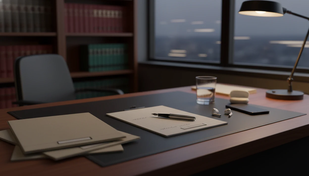 A calm lawyer’s desk with closed files, earbuds, and warm evening light after focused work.
