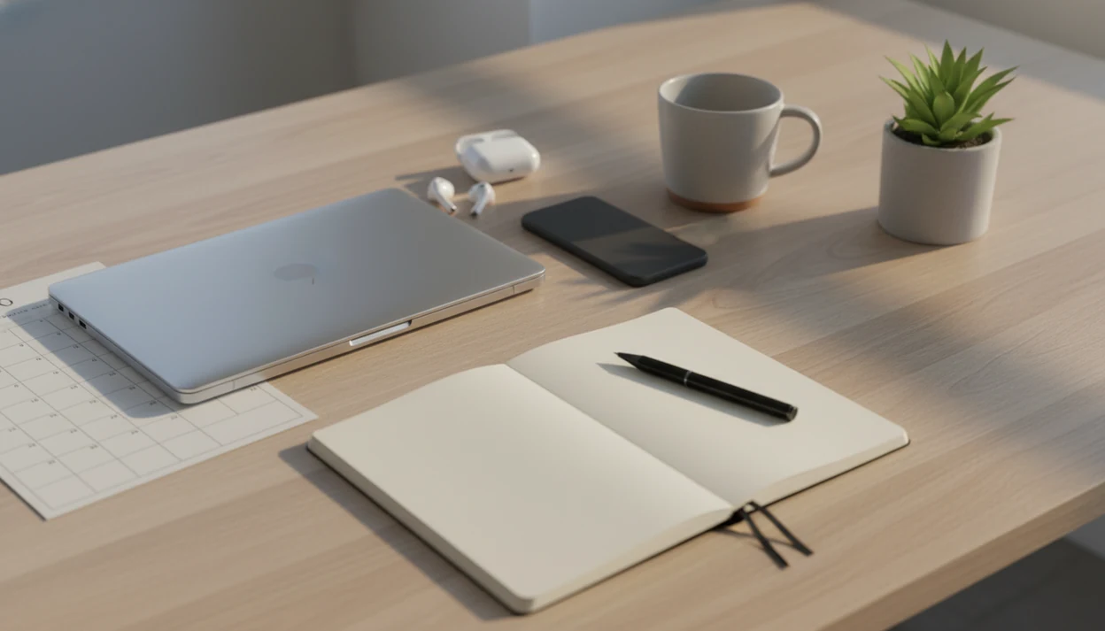 A calm manager’s desk with a closed laptop, earbuds, notebook, mug, and plant between meetings.