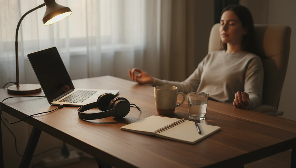 Remote worker pauses for a guided meditation reset beside a closed laptop in a quiet home office.