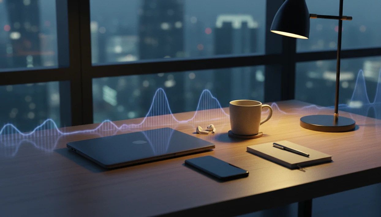 A quiet nighttime startup desk with a closed laptop, mug, notebook, and phone set aside for decompression.