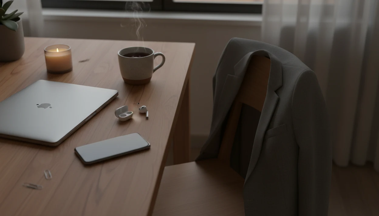 A closed laptop, phone, earbuds, and tea on a desk suggest a calm after-work meditation reset.