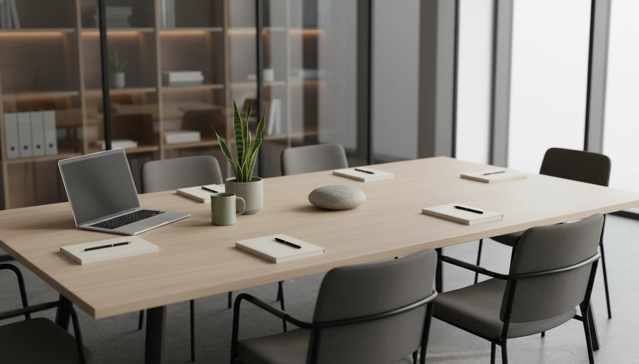 A calm conference table is set for a mindful workplace meeting with notebooks, a plant, and soft morning light.