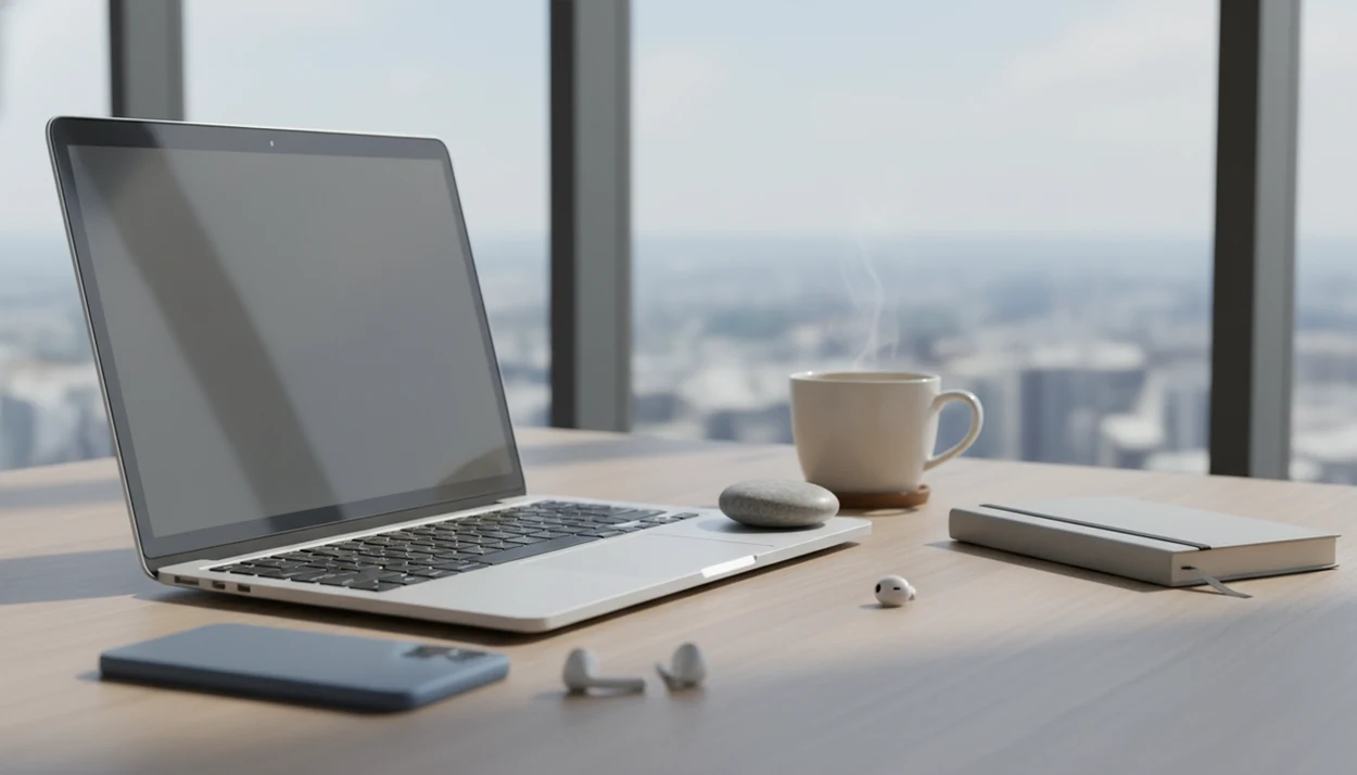 A calm desk setup with a face-down phone, blurred laptop, earbuds, notebook, and soft office light.