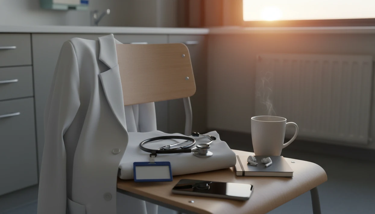A calm hospital staff room still life with a white coat, stethoscope, earbuds, mug, and phone at dawn.