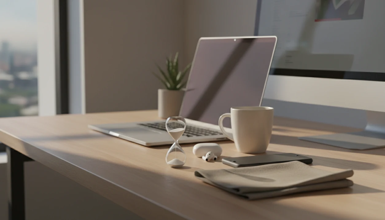 A calm desk scene with a closed laptop, earbuds, plant, and sand timer suggesting a mindful work pause.