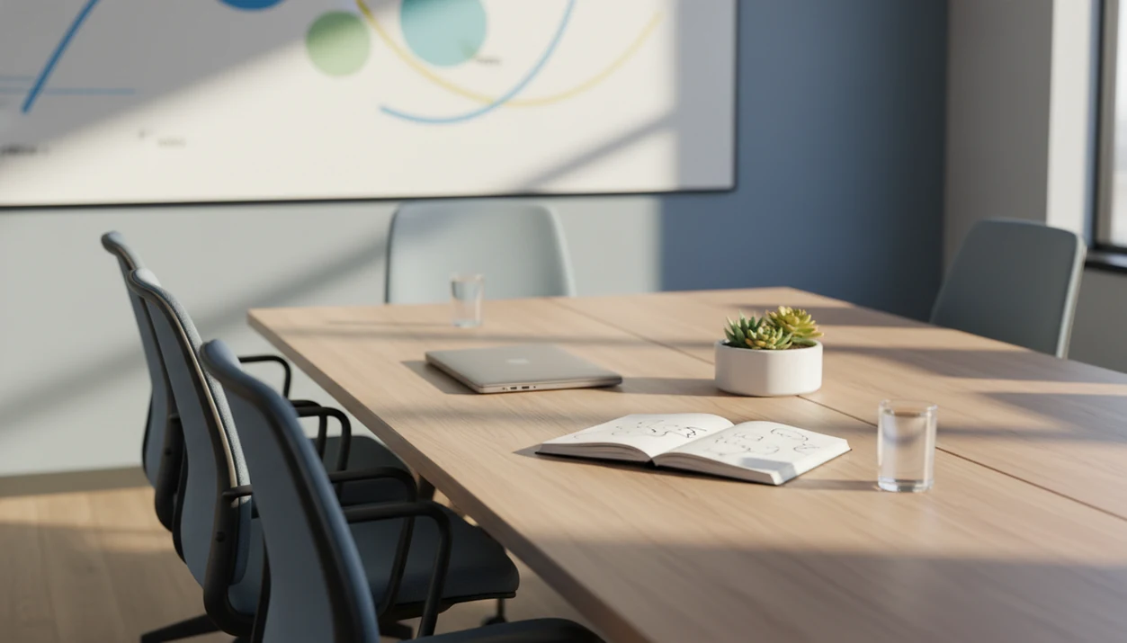 A calm, sunlit conference room with a tidy table, plant, laptop, and abstract planning board.