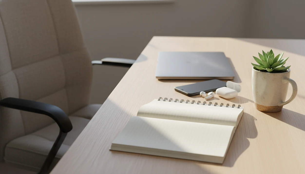 A quiet office desk with a blank notebook, mug, plant, and sunlight suggesting a brief mindfulness pause.