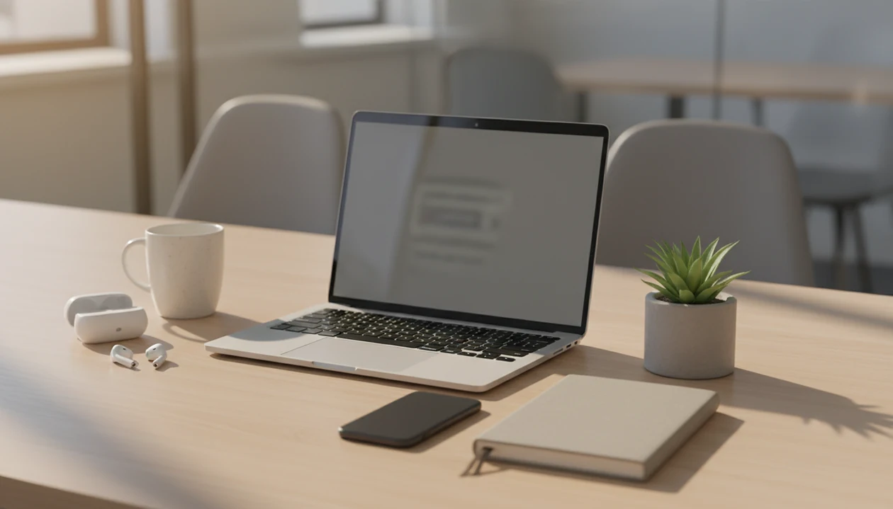A quiet office desk with earbuds, a mug, notebook, and plant arranged for a brief mindfulness pause.