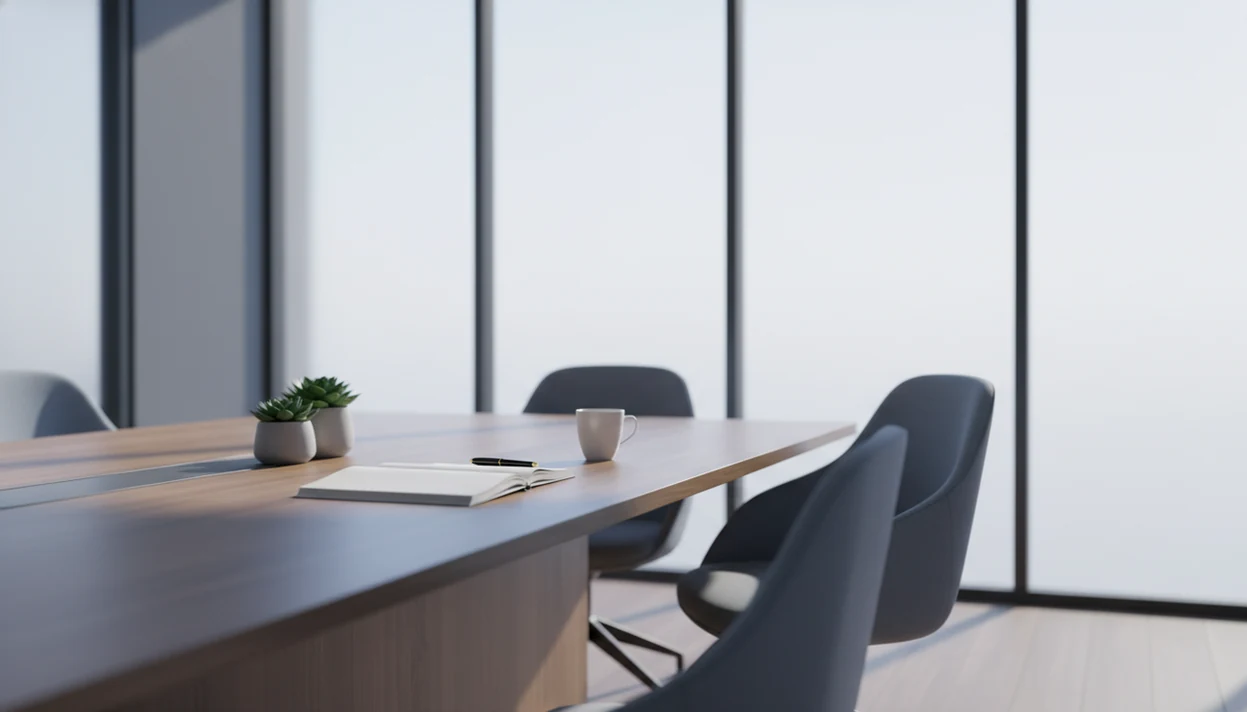 A calm conference room with a notebook, pen, mug, and empty chair ready for a mindful meeting.