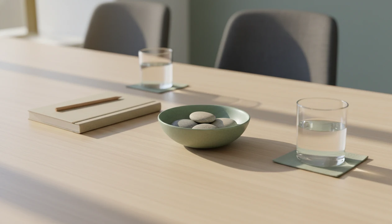 A calm meeting table with four smooth stones arranged in a circle to suggest balanced leadership skills.