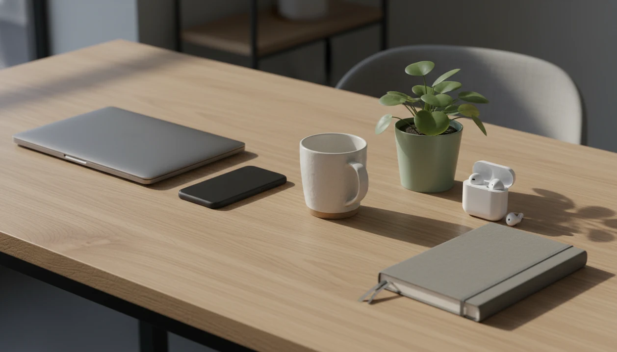 A calm office desk with a closed laptop, phone, mug, plant, and notebook in soft natural light.