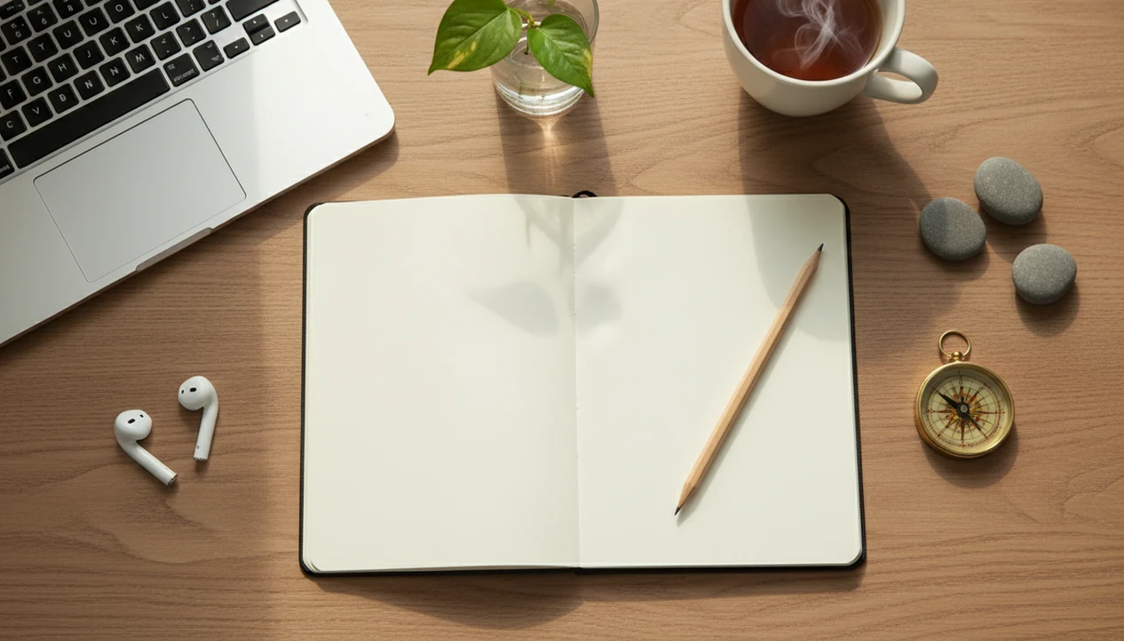 A calm desk with a blank notebook, compass, tea, stones, and laptop for mindful career planning.