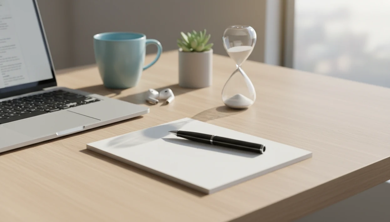 A calm office desk with a blurred laptop, notepad, earbuds, and hourglass suggesting a workday reset.