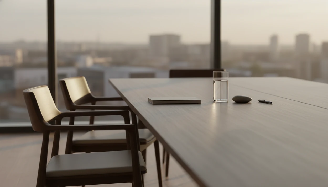 An empty meeting room table with a notebook, water glass, and smooth stone suggesting a mindful pause.