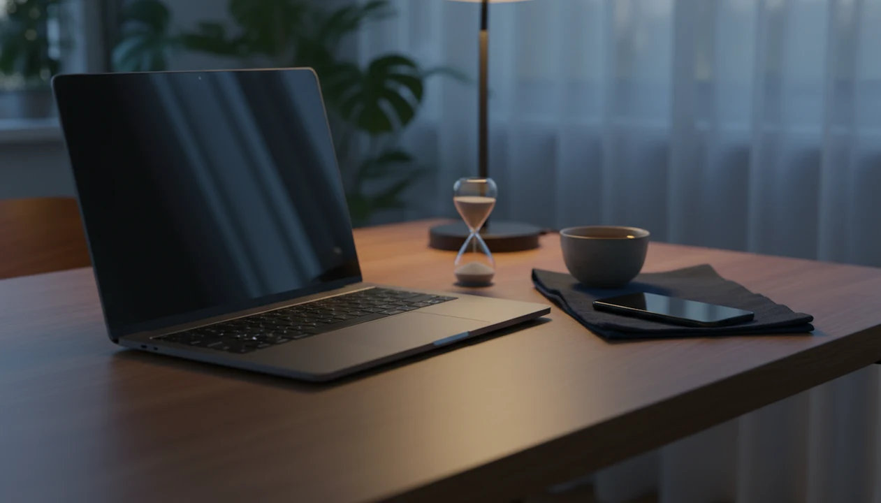A closed laptop and face-down phone on a calm desk suggest a mindful break from screen overload.