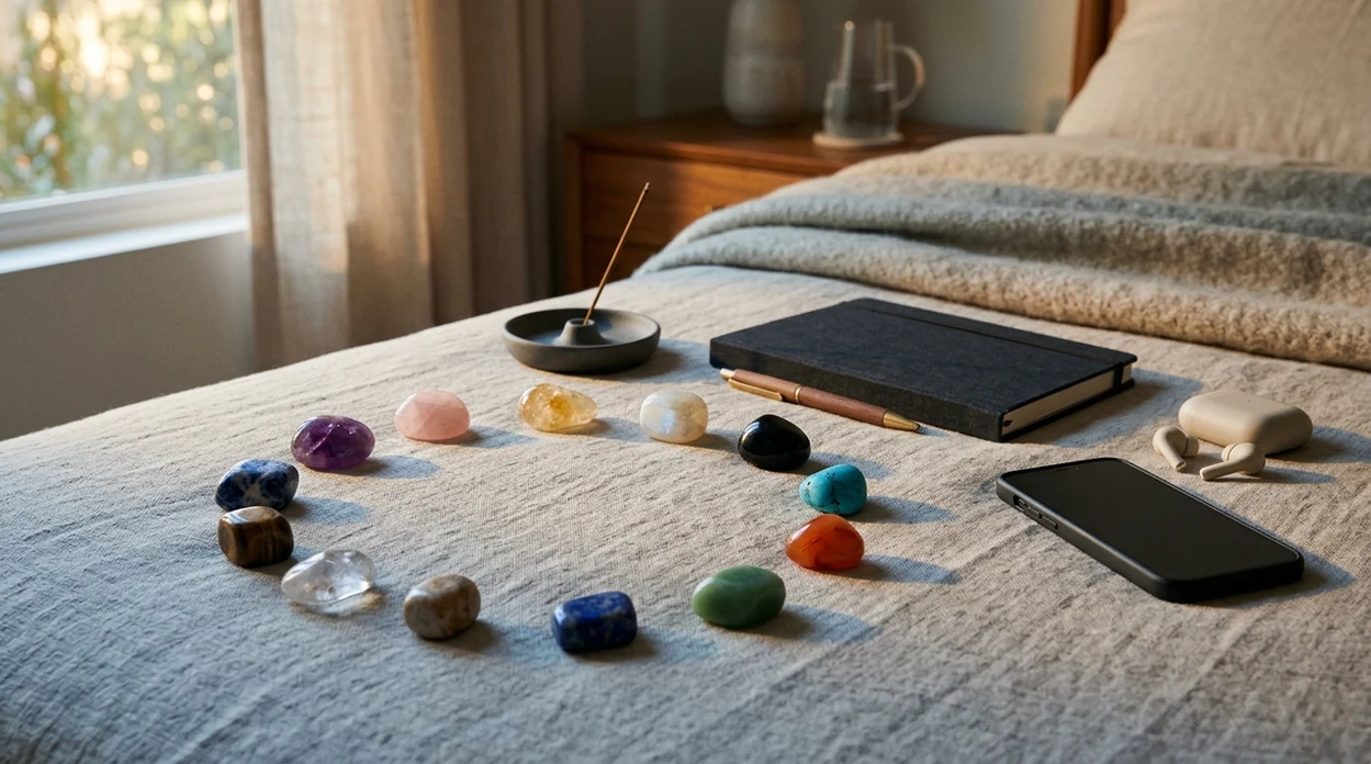 A circle of polished zodiac crystals rests beside a journal and face-down phone in soft bedroom light.