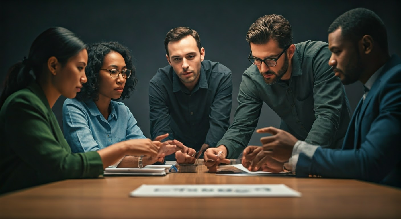 Group engaging with reverse image search in office