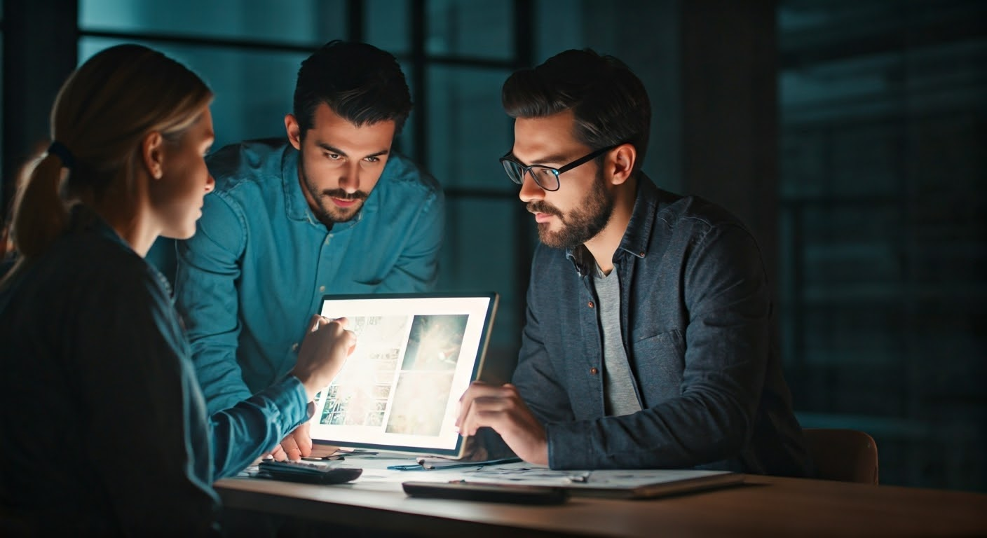 Group working on image verification in office