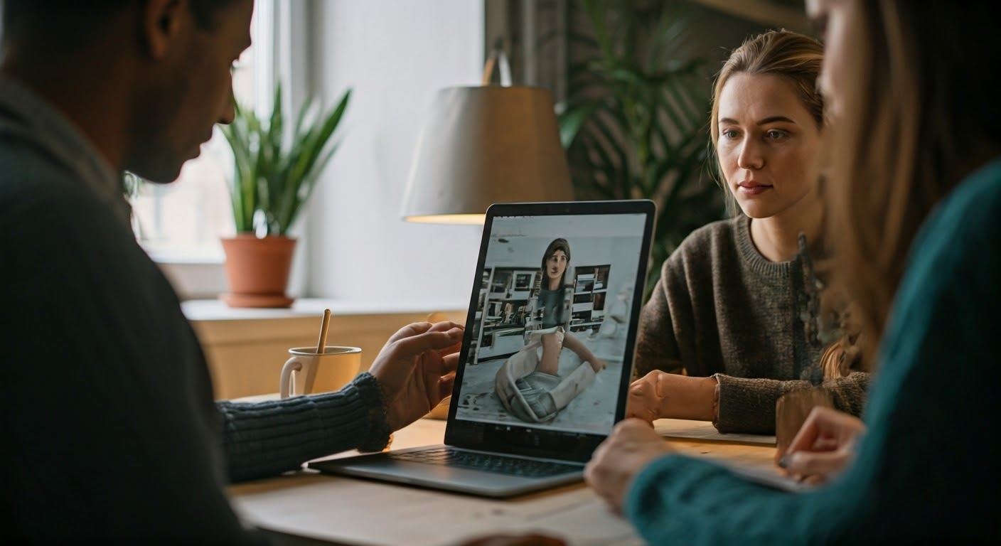 Team interacting with image recognition app in office